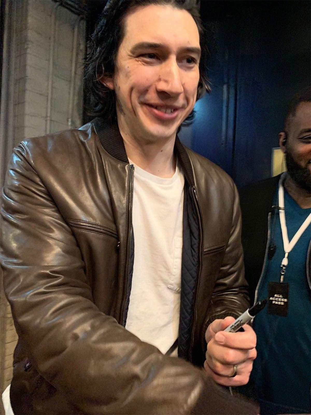 Adam Driver Mens Brown Leather Bomber Jacket