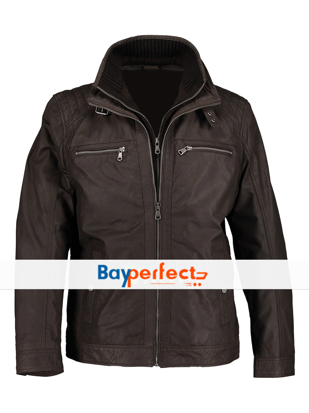 Casual Men Double Zipper Brown Leather Jacket