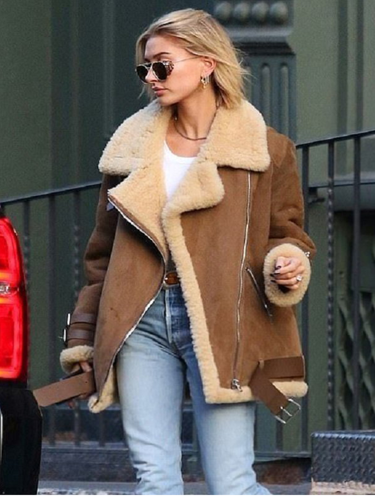 Hailey Baldwin Brown Suede Shearling Jacket