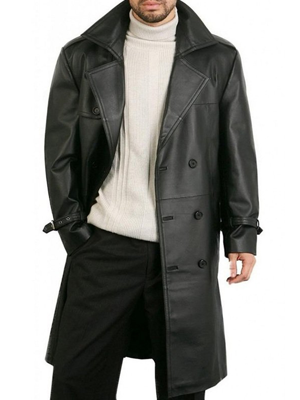 Men Double Breasted Black Leather Coat