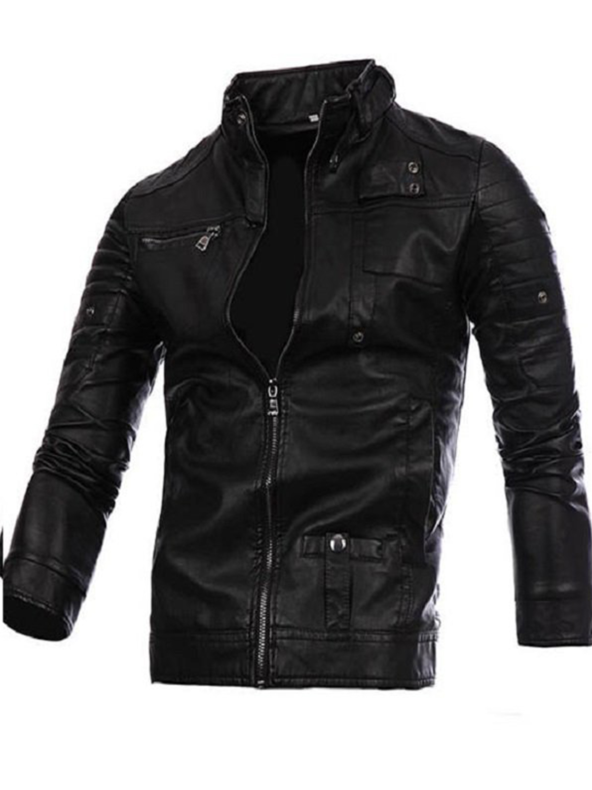 Men's Fashion Black Stitching Collar Biker Leather Jacket
