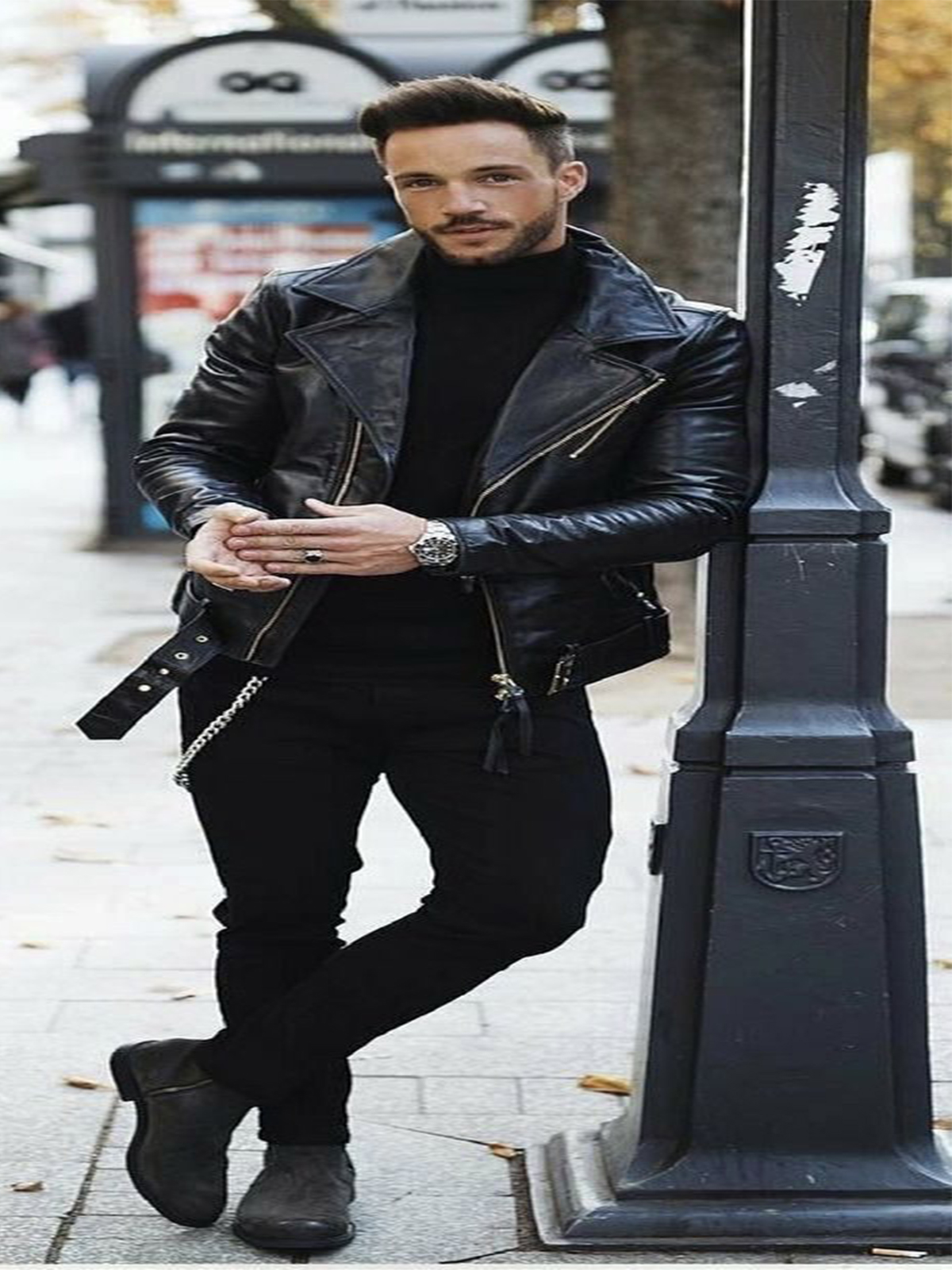 Men’s Turtleneck Black Leather Jacket – Bay Perfect
