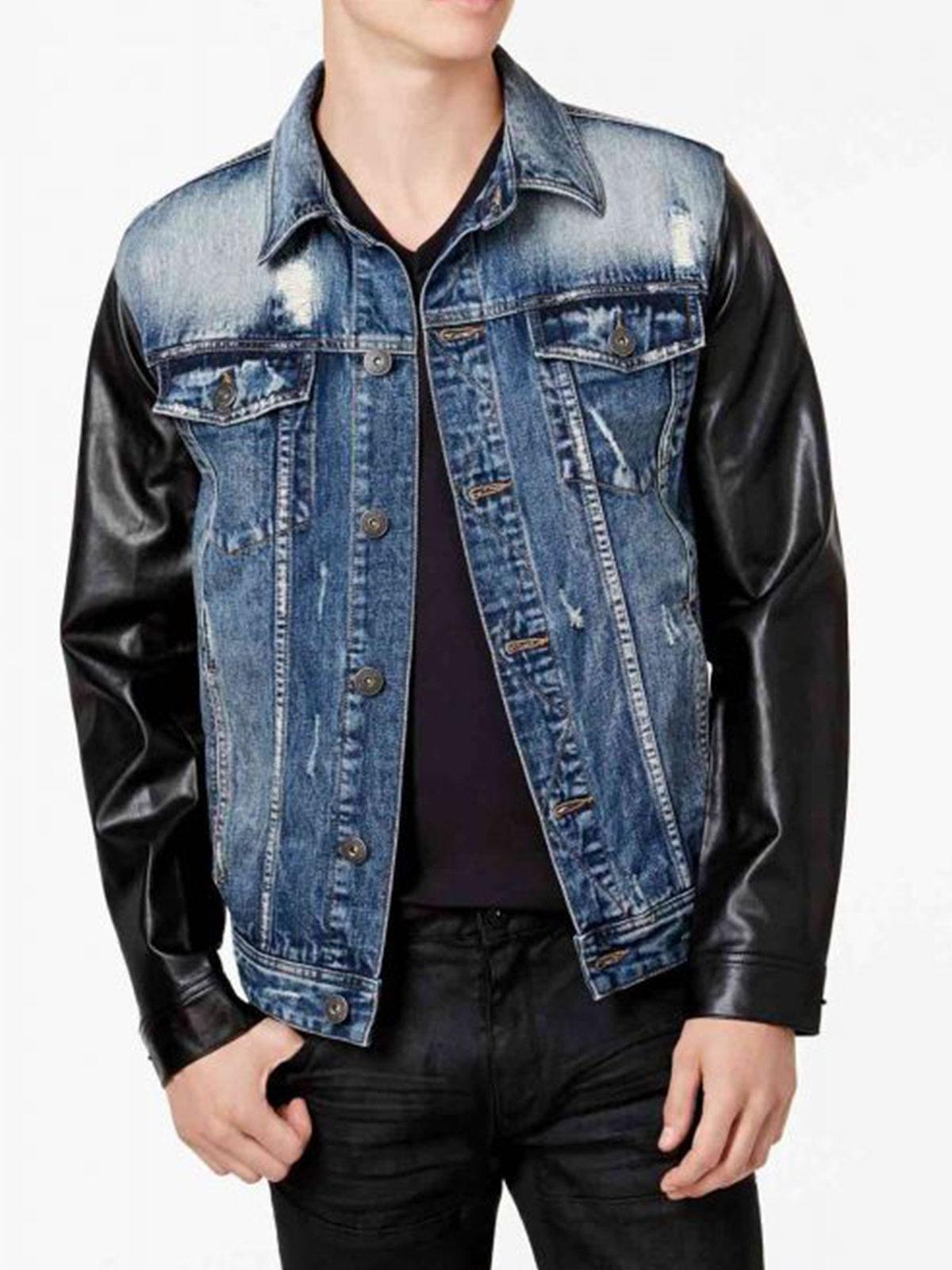 Men's Vintage Blue Denim Jacket With Leather Sleeves