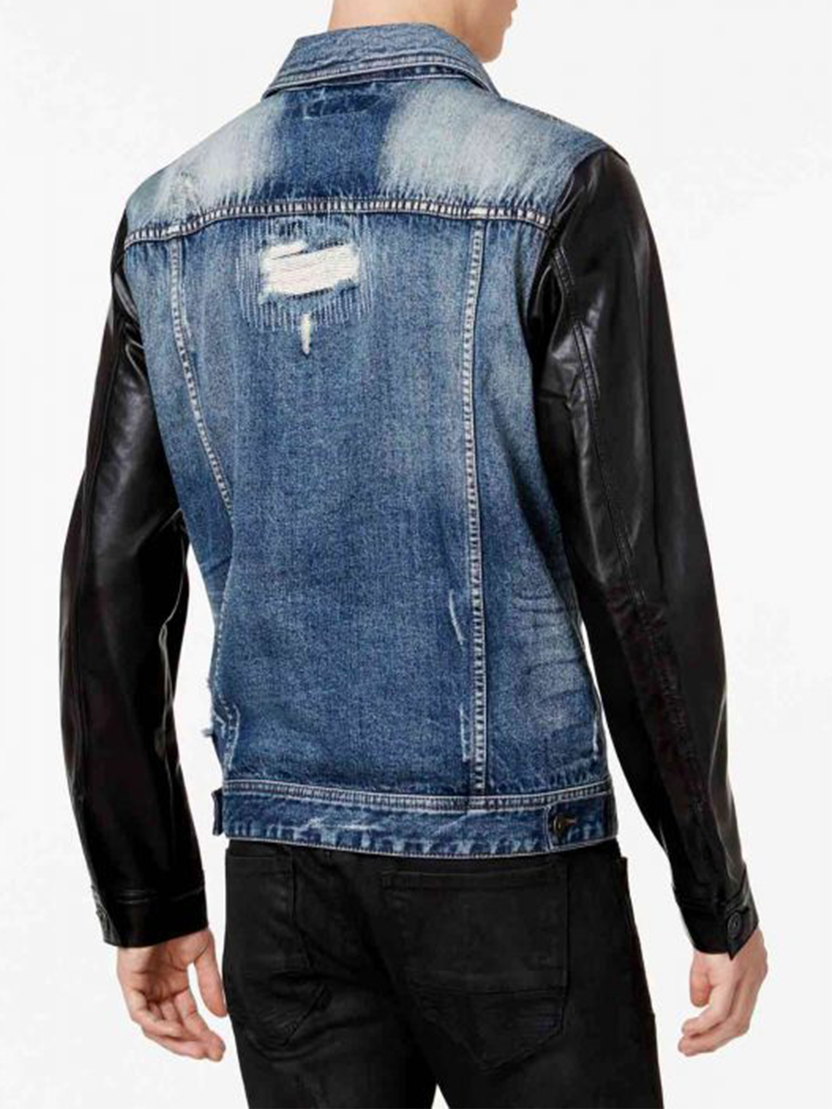 Men’s Vintage Blue Denim Jacket With Leather Sleeves Bay Perfect