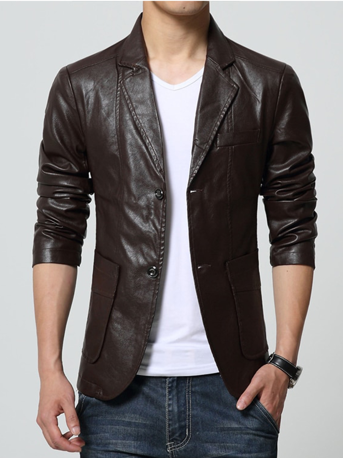 Men’s Slim Fit Brown Leather Blazer