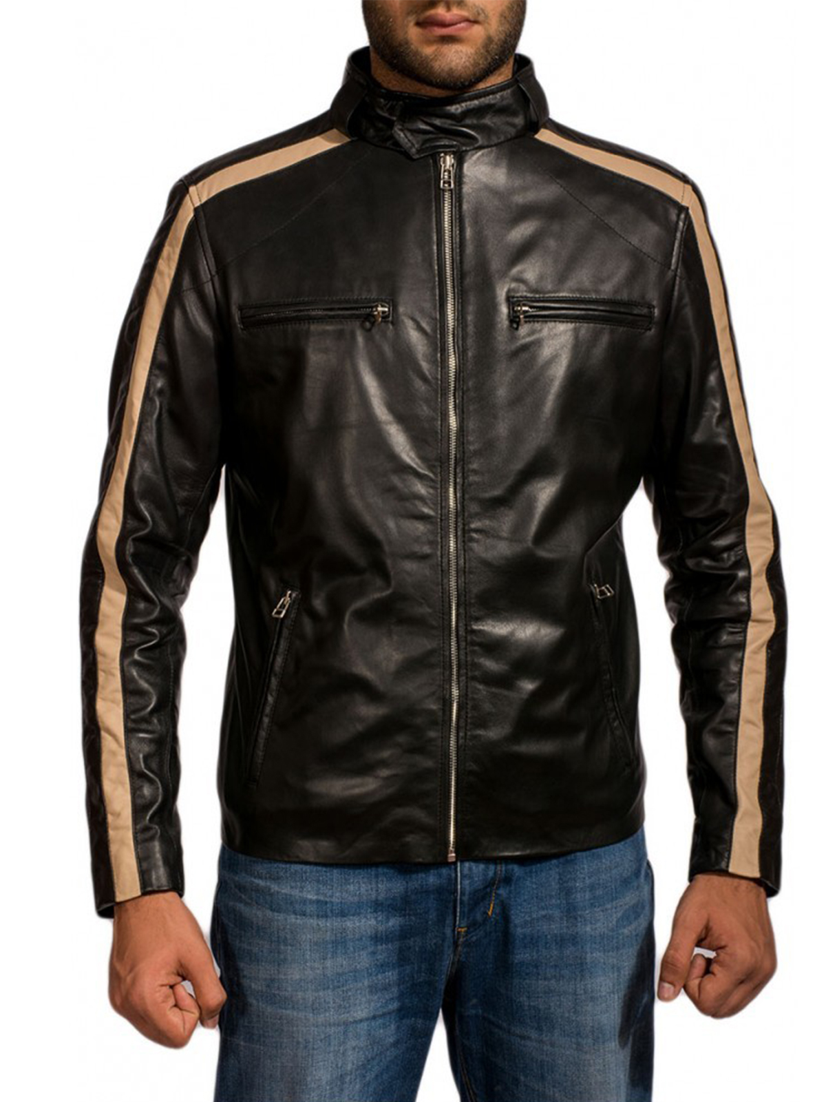 Men’s White Stripes Black Leather Jacket