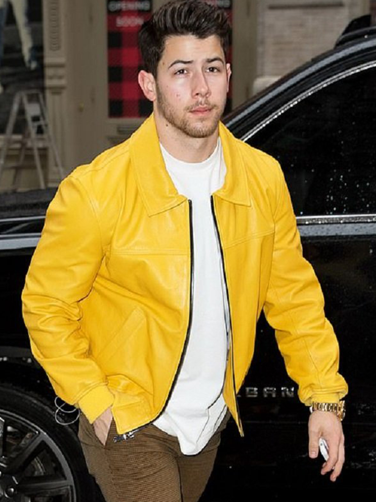 Nick Jonas Yellow Leather Jacket