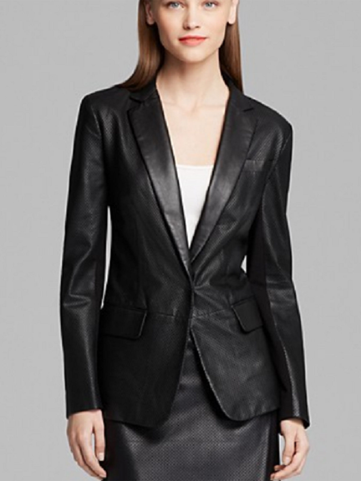 Notch Collar Perforated Black Leather Blazer