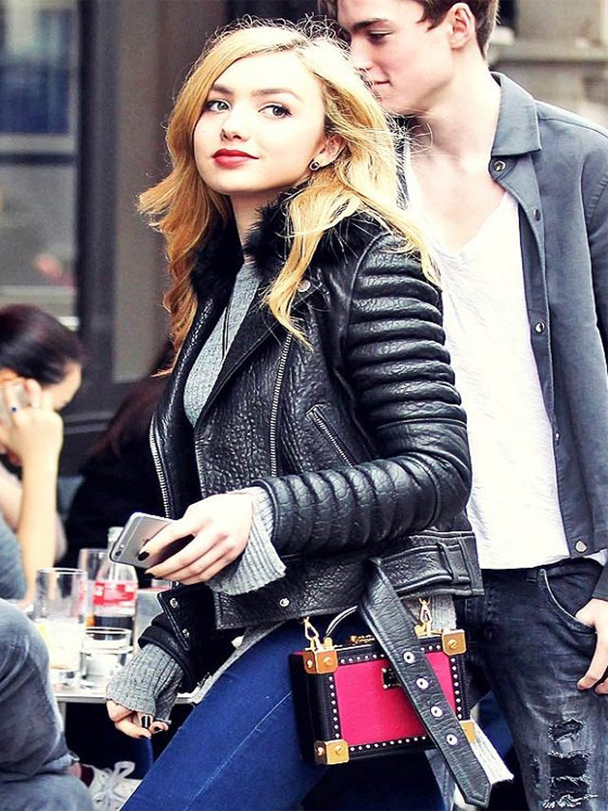 Peyton List Padded Biker Leather Jacket