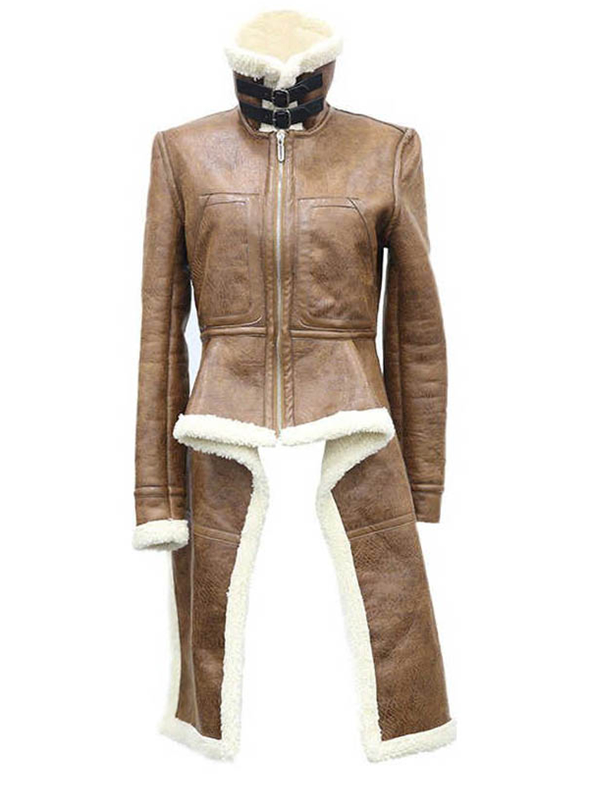 Genuine Leather Turtleneck Women Brown Coat With Fur