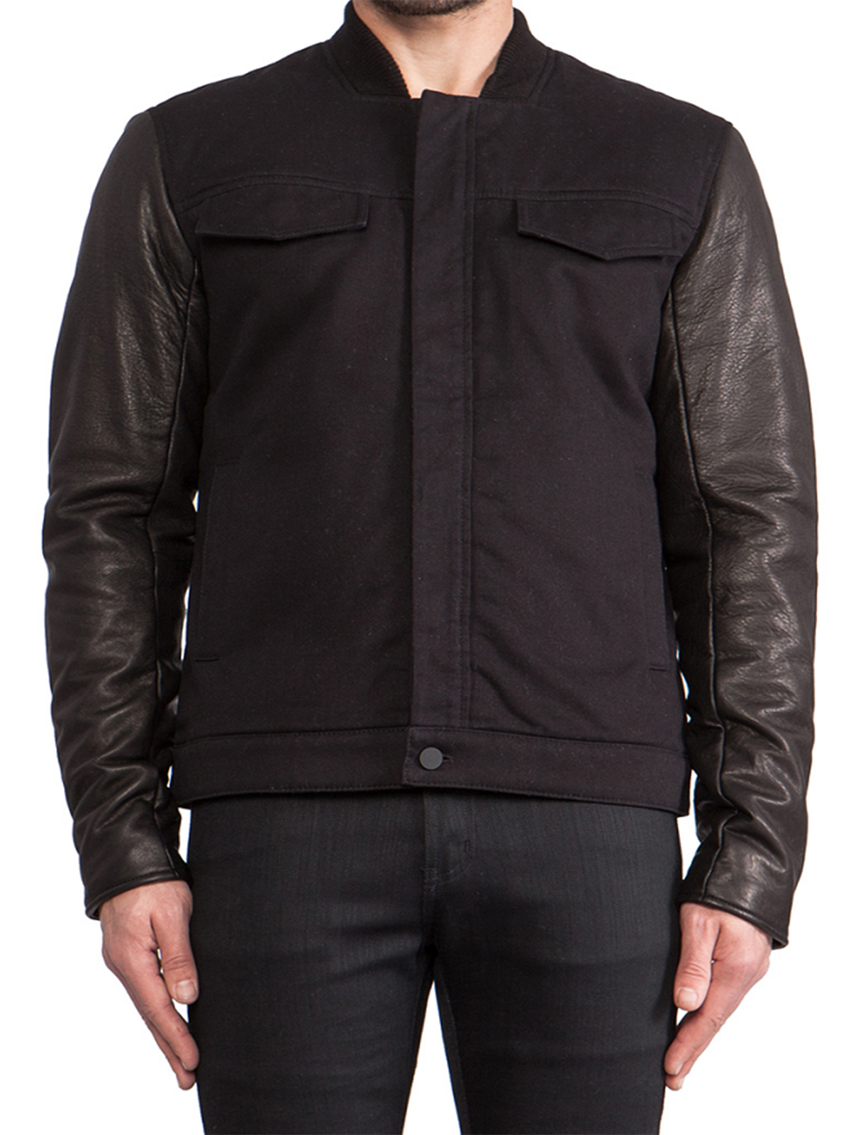 jean jacket with leather sleeves