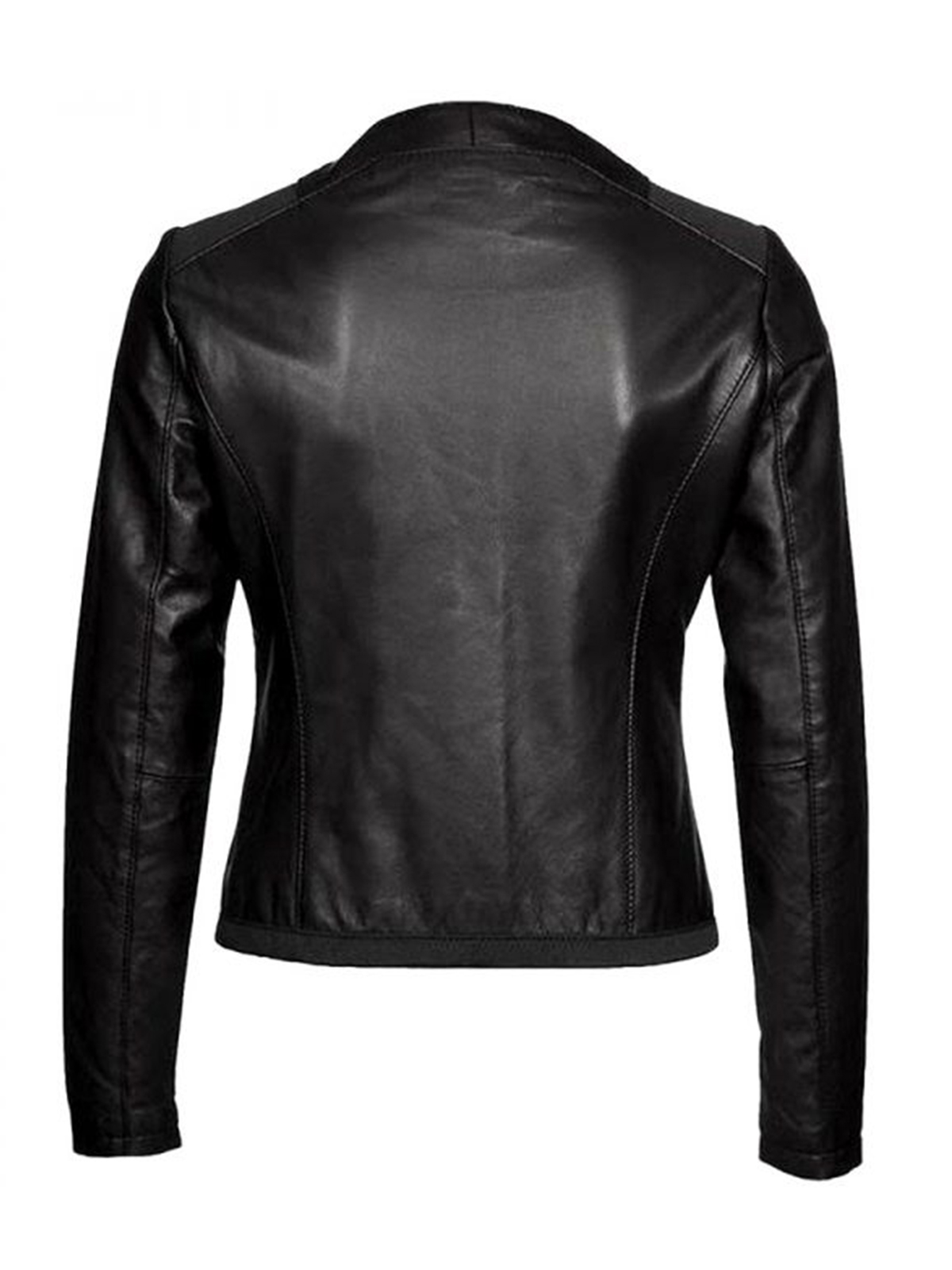 Women’s Casual Wear Collarless Black Leather Jacket – Bay Perfect