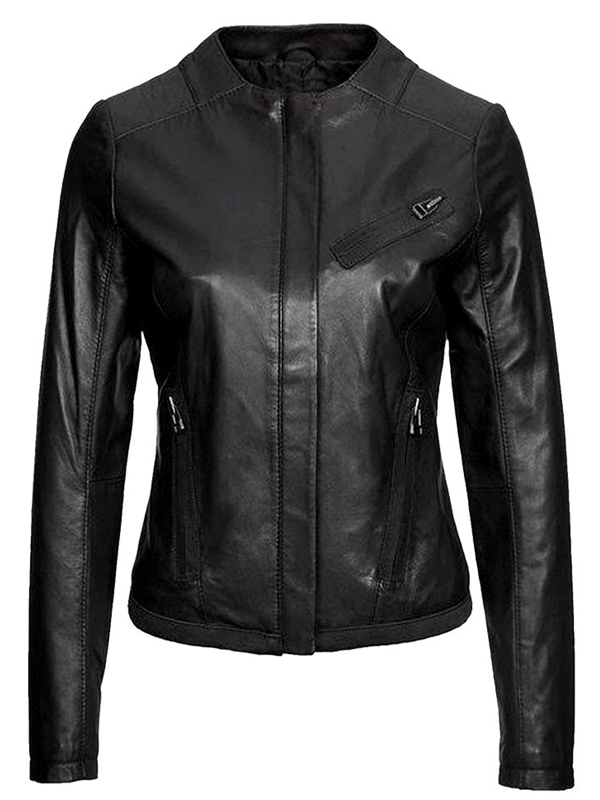 Women’s Casual Wear Collarless Black Leather Jacket – Bay Perfect