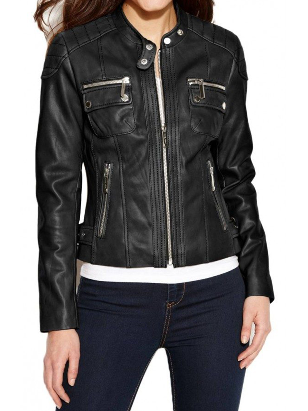 Women’s Petite Quilted Biker Black Leather Jacket – Bay Perfect