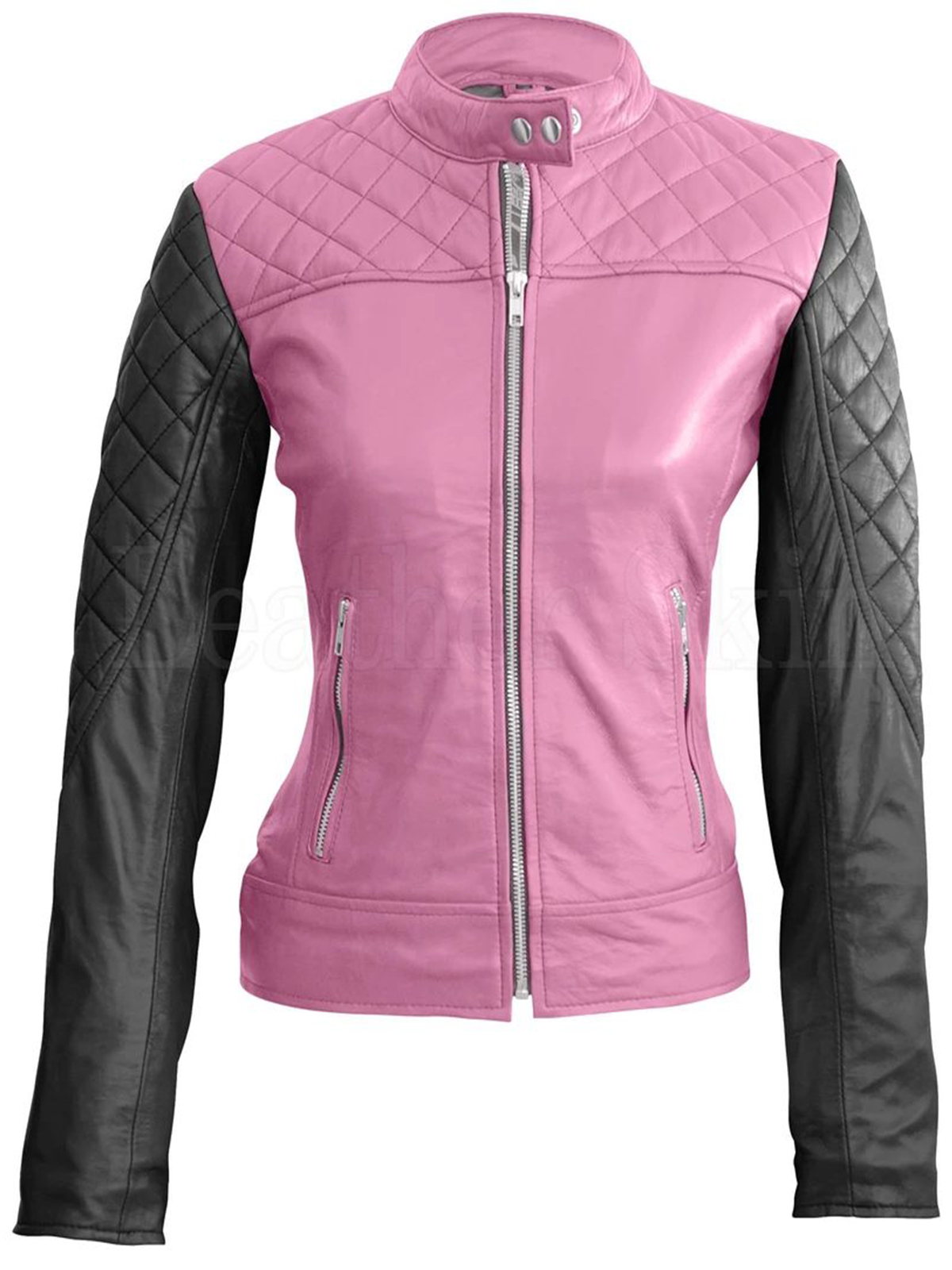 Women’s Pink With Black Sleeves Shoulder Quilted Genuine Leather Jacket