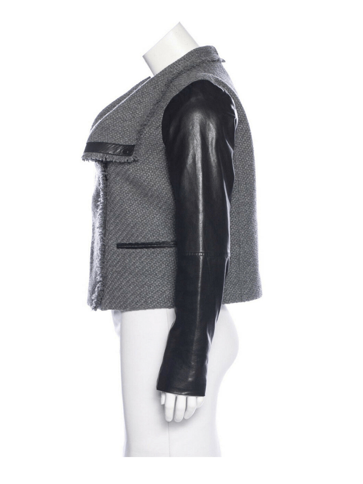 Gray Tweed Boucle Black Leather Sleeve Moto Jacket Gray Tweed Boucle Black Leather Sleeve Moto Jacket